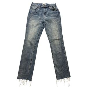 Oliver Logan Straight Jeans Womens 24 Blue Mid Rise Distressed Raw Hem Stretch